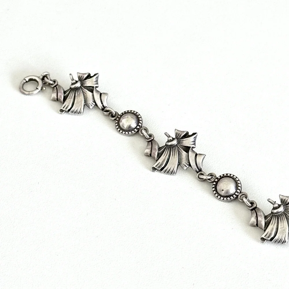 Vintage 925 Sterling Silver Floral Ribbon Design Unique Chain Link Bracelet 7.5